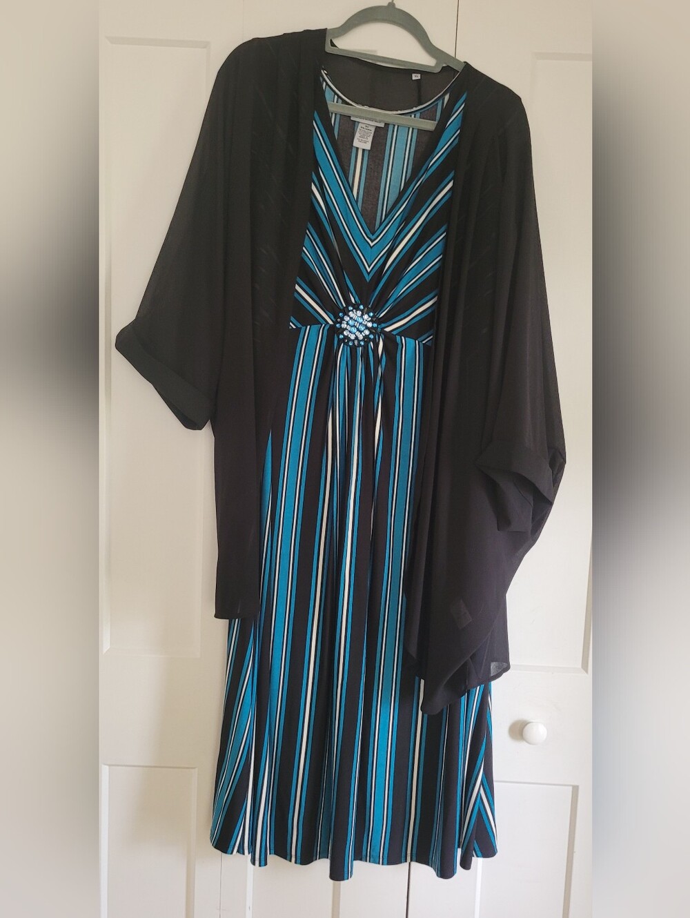 Catherine's Teal, Black & White Striped Dress with Sheer Jacket